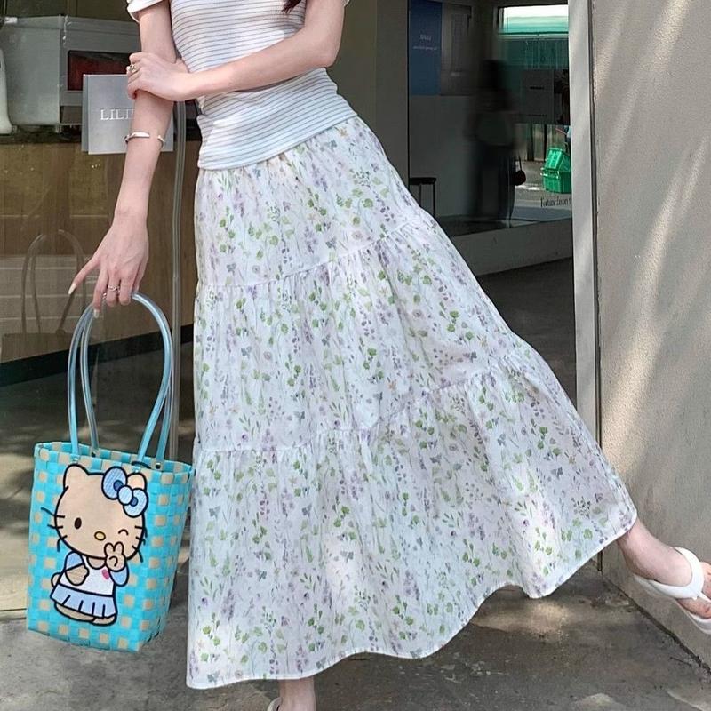 Chân Váy Midi, Phong Cách Hàn Quốc, Thanh Lịch Và Nhẹ Nhàng, Thiết Kế Hoa Lãng Mạn, Thích Hợp Cho Mùa Hè Và Mùa Xuân, Hàng Mới Về, Dễ Phối Đồ, Dáng Rộng Vừa Vặn, Chân Váy Thường Ngày 1
