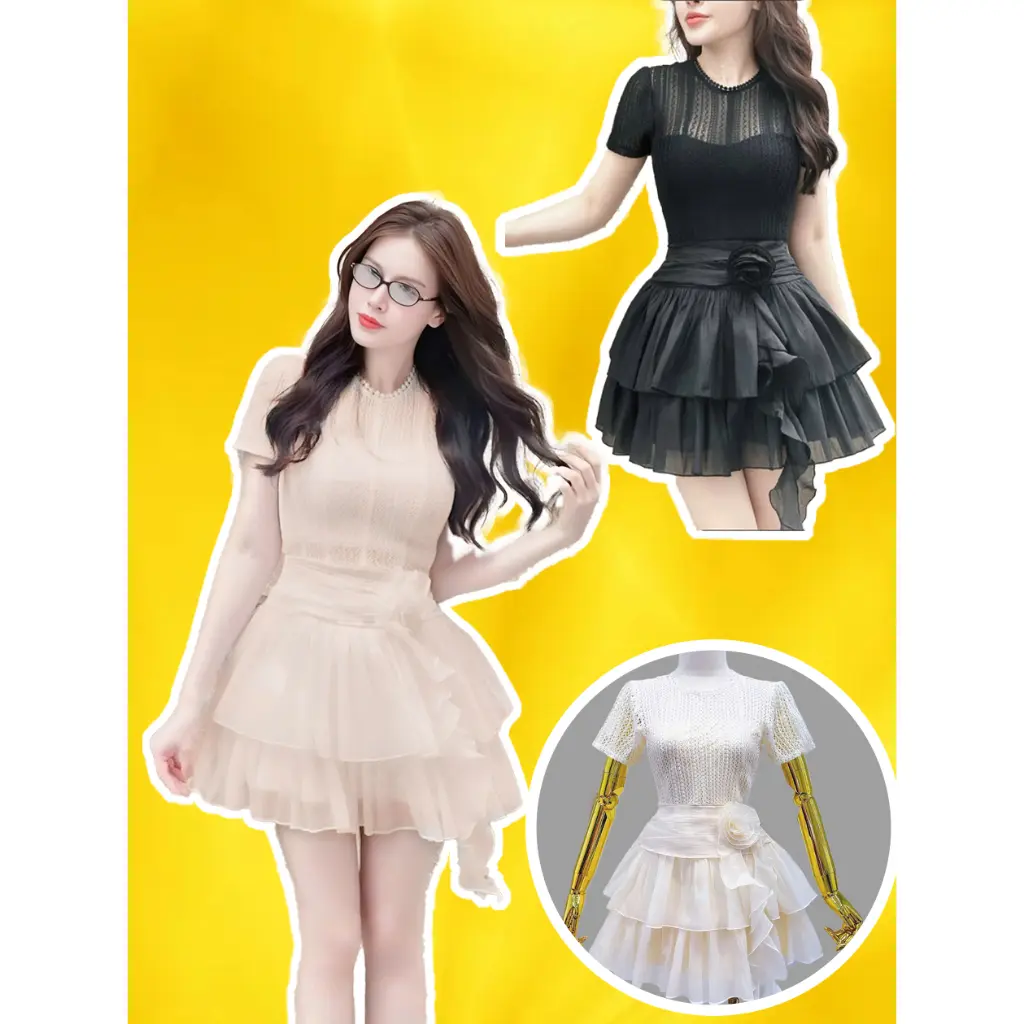 Đầm váy sang chảnh xoè tầng 🔥ren phối voan tơ🔥40-65KG🔥 bigsize đính hoa 3D cổ tròn tay ngắn bèo eo chiết eo dự tiệc cưới
