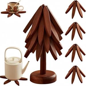 Natural Tree Trivet Set 4 Wooden Trivets & 1 Stand Heat Resistant Foldable Design Durable & High Quality Solid Wood Ideal for Hot Dishes, Pots, Bowls, Teapots Kitchenware & Tableware Coasters