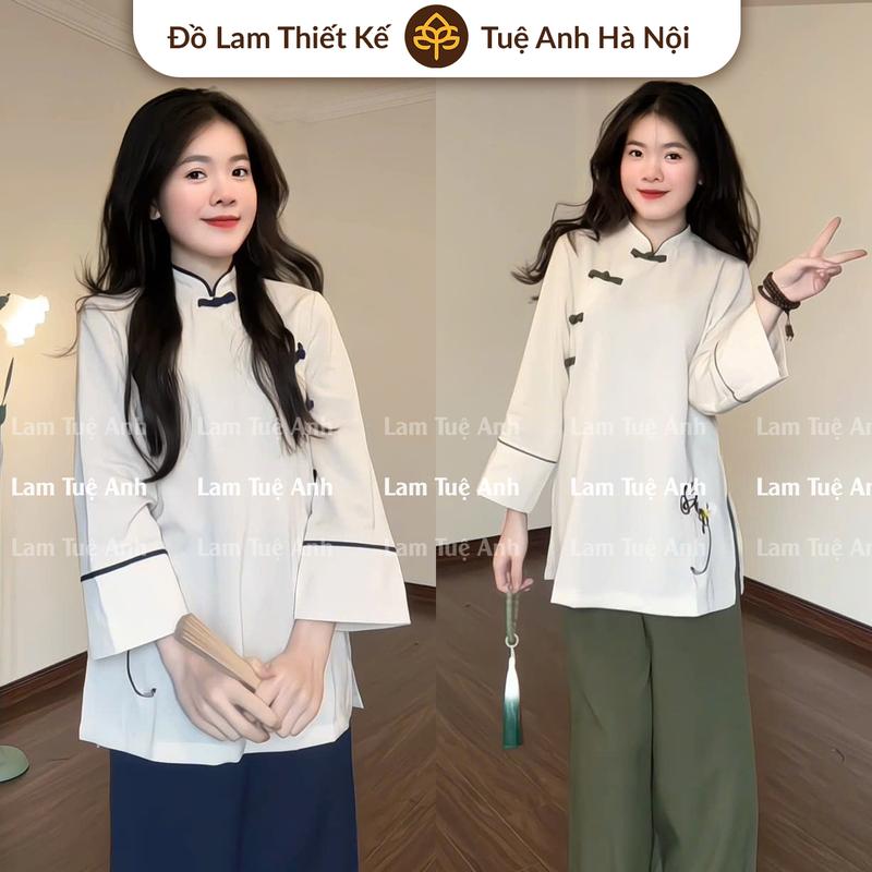 Pháp Phục thêu SEN chữ Buông bộ đồ lam đi chùa đi lễ đũi nhật cổ tàu Nữ Áo