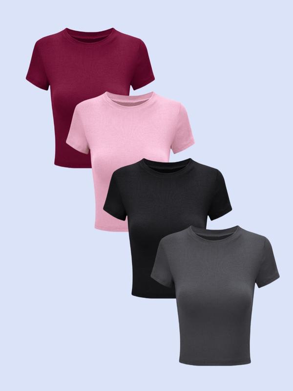 Women's Solid Round Neck Tee, Casual Short Sleeve Crew Neck T-Shirt for Summer, Fashion Simple Basic Women's Top for Daily Wear 0