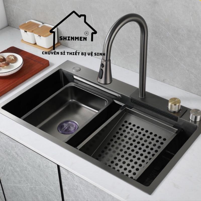    SHINMEN   Chậu Đúc KT 75x45 inox 304 kèm vòi rút thác nước đầy đủ combo phụ kiện cao cấp 