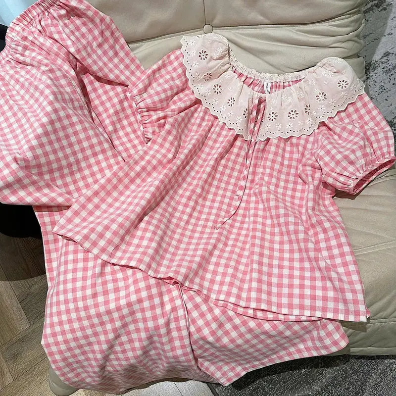 N151- Pijama Bánh bèo cộc dài kẻ hồng phối ren bèo  cho nữ - Bộ ngủ công chúa cho nữ mặc nhà hàng quảng châu cao cấp 3