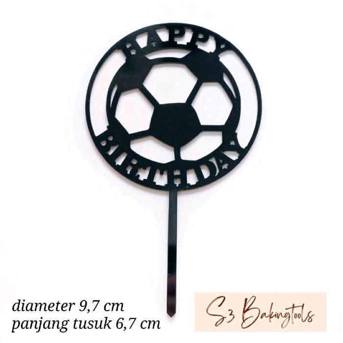 Gambar cake topper hiasan kue happy birthday soccer acrylic black dari S3bakingtools Kota Surabaya Tokopedia
