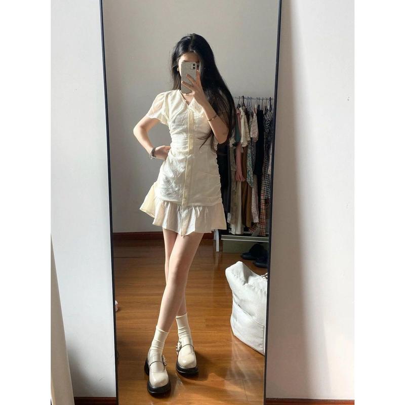 Váy Vỏ Sò Đơn Giản Kiểu Pháp Cho Nữ, Váy Thiết Kế Xù Linh Hoạt Và Giảm Béo, Phong Cách Hàn Quốc Mới, Mùa Thu Women, Dress, Khuy 2