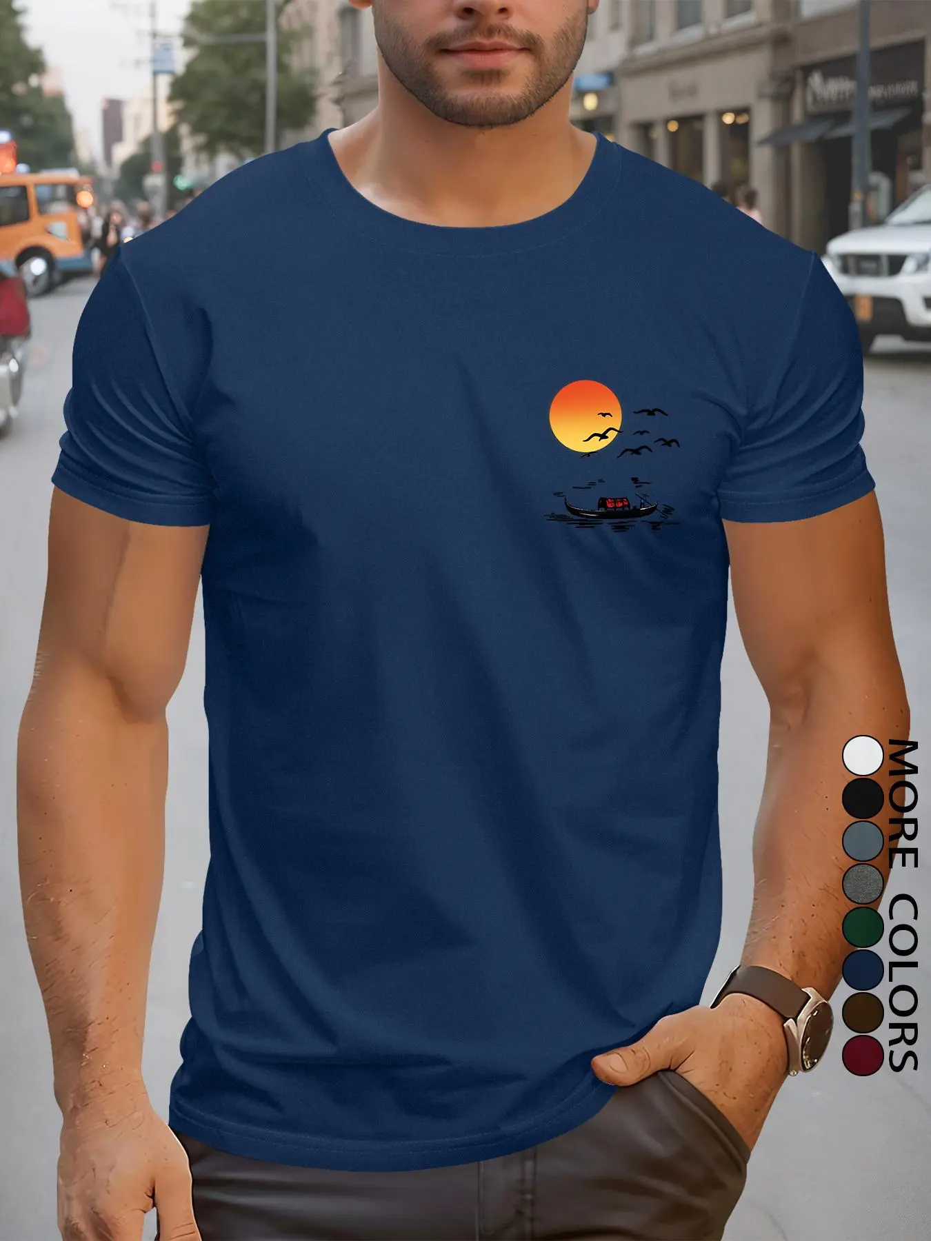 Men's Regular Fit Sunset Print Round Neck Tee, Casual Short Sleeve Crew Neck T-shirt for Summer, Fashion Men's Top for Daily Wear