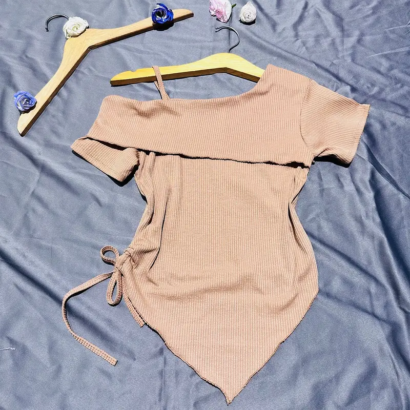 Áo thun TN nữ trễ vai lệch tà rút dây eo vạt nhọn Top Màu Trắng Cổ Tròn Nhung - Women áo  trễ xám 1 bên y2k Voi 1