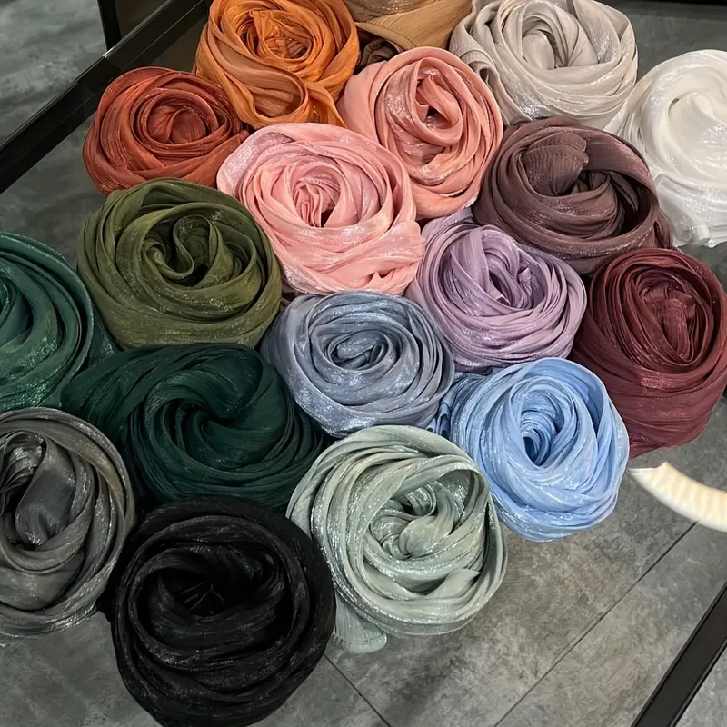 1pc Elegant Polyester Organza Hijab Scarf for Women, Luxurious Pleated Glitter Shawl, Solid Color, Non-Stretch, Woven Craftsmanship, Decorative Accessory for Party, Ramadan, No Feathers 2