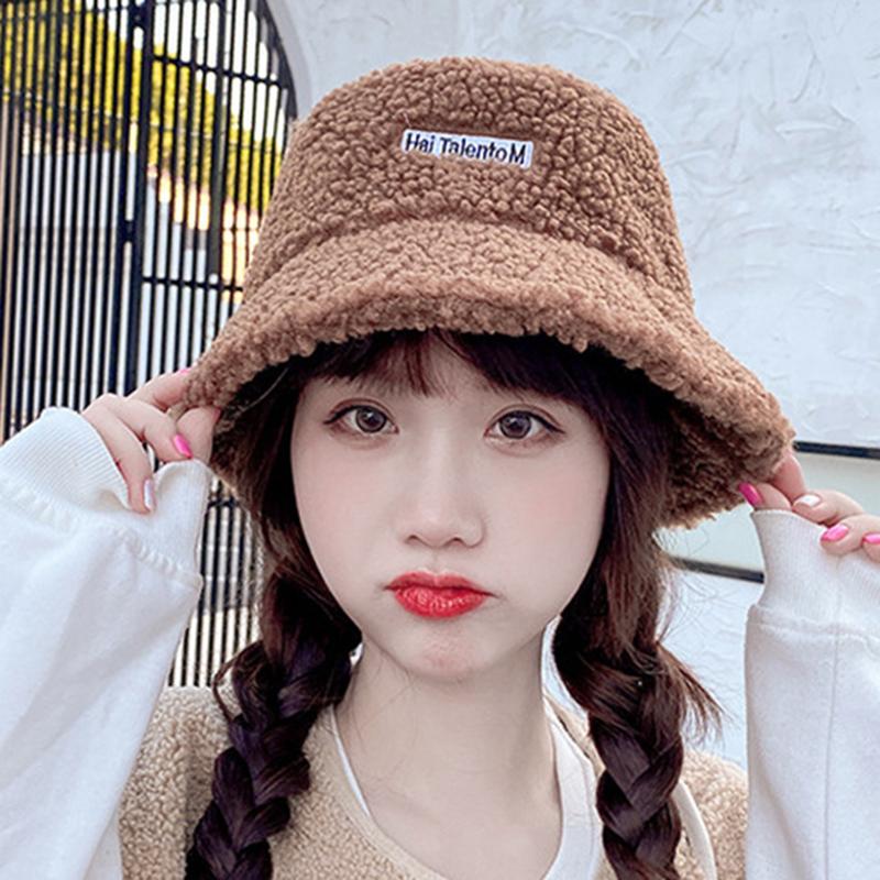 Product Introduction of Lamb Wool Bucket Hat Winter Warm Hats For Women Lady Thicken Flat Top Cap Panama Outdoor Fisherman Hat Caps Letter Embroidered Hat Fisherman Cap 56-58 cm 27