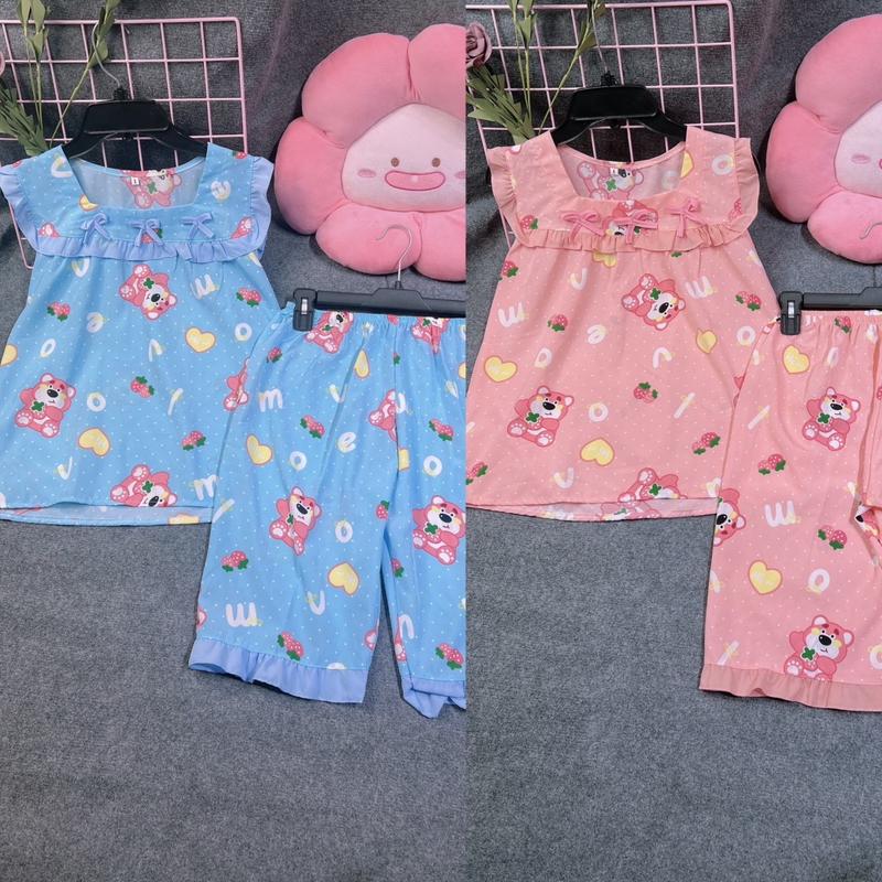 (40-80kg)Bộ lửng mặc nhà cổ vuông phối viền không túi chất vải lụa 100d mềm mịn Women