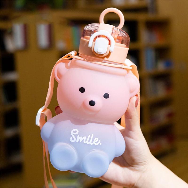 Cartoon Bear Design Water Bottle, Cute Large Capacity Water Drinking Bottle with Straw & Adjustable Strap, Portable Drinking Bottle for Home School Camp Outdoor 1