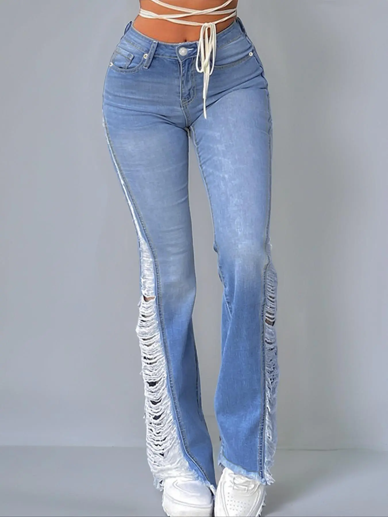 Women's Ripped Flare Leg Jeans, Casual Bell Bottom Pocket Denim Trousers for Daily Wear, Ladies Bottoms for All Seasons