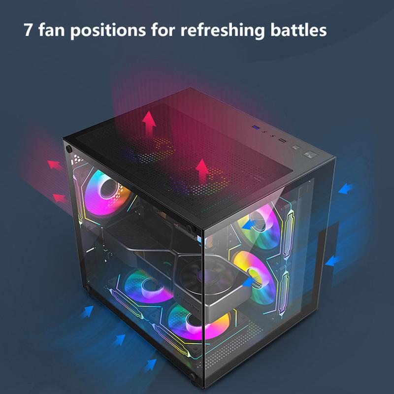 Product Introduction of 270 Degree Glass PC Case Transparent Desktop Computer Tower For M-ATX/ITX Motherboard SSD 7 Air Cooling Fans 320mm Graphic Card 24