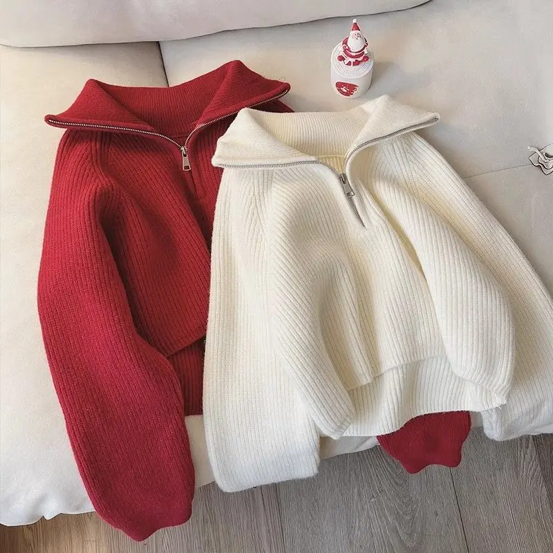 Áo Len Mệt Lười Áo Len, OOTD, Dệt Kim Dày, Dáng Rộng Vừa Vặn, Dành Cho Nữ, Thiết Kế Đẹp Trẻ Trung, Có Khóa Kéo Và Ve Áo, Hàng Mới Về Thu Đông 2024
