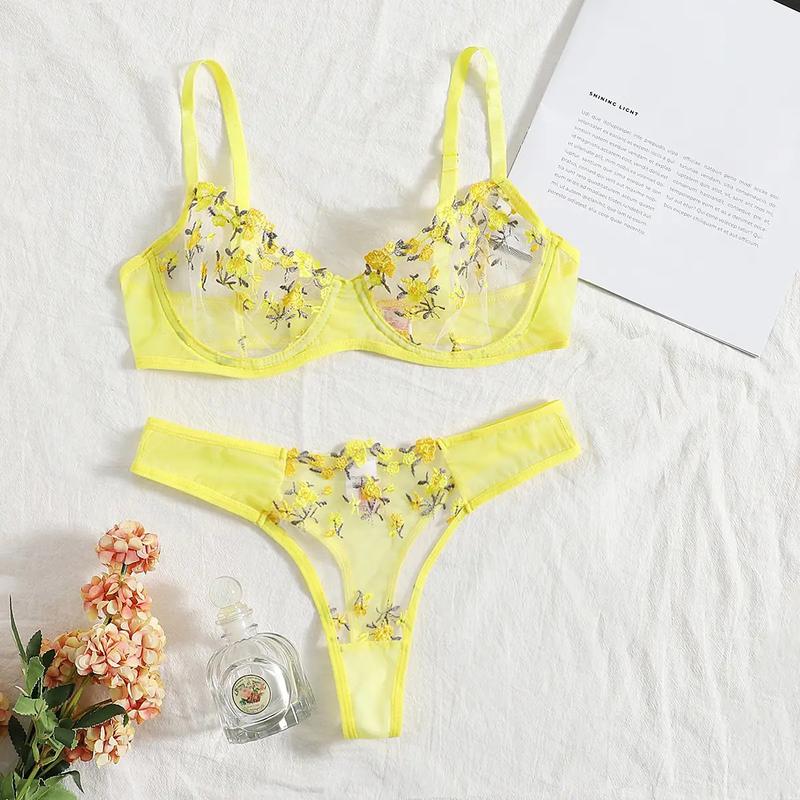 Bộ Đồ Ngủ Áo Ngực Và Quần Lót, Gợi Cảm Và Trong Suốt, Ren Thêu Màu Vàng, Bộ Đồ Lót Nữ, Bộ Đồ Ngắn Gợi Cảm, Trang Phục Đồ Lót 5