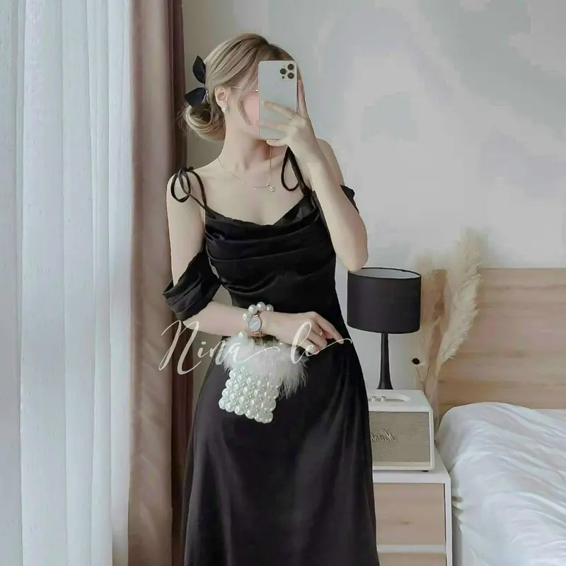 Đầm thời trang nữ mặc đi chơi chất phi lụa cổ dây khoét tay ngắn áo tạo giún váy đầm dài maxi phong cách trẻ trung 2