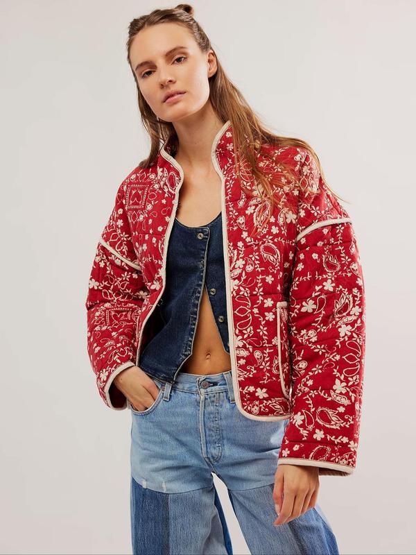Women's All Over Print Pocket Drop Shoulder Quilted Jacket, Boho Long Sleeve Open Front Outerwear for Fall & Winter, Ladies Clothes for Daily Wear 5