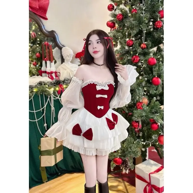 ￼(HOẢ TỐC) Set Áo Trễ Vai tay phồng  Kim TuyếnPhối Nơ Chân Váy Xoè Set Váy Mặc Noel Tết Nữ Women Dress Tre Voi Sen Voan vaydodonnoel vaytet vaytiec Đỏ 3