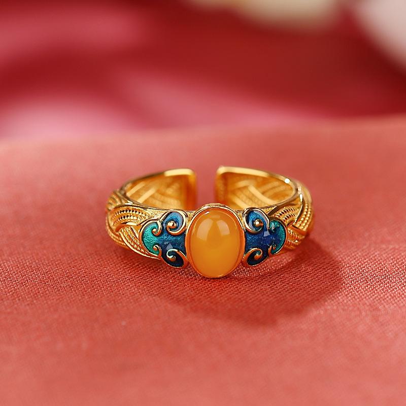 Product Introduction of แหวนพอร์ซเลนเคลือบธรรมชาติ, งานฝีมือทองโบราณ, การออกแบบดอกบัว Chalcedony สีเหลือง, สำหรับผู้หญิง, สไตล์วัง, อาหารค่ำสุดหรู 0