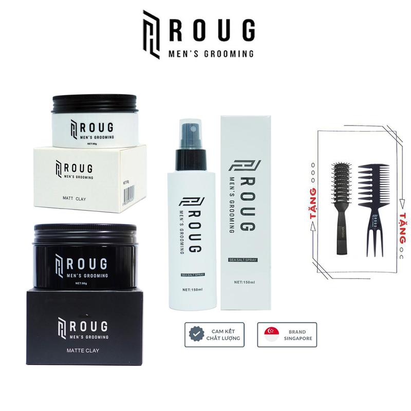 Sáp vuốt tóc nam Roug Matte, Matt Clay 90gr + Xịt tạo phồng tóc Roug Sea Salt Spray 150ml cao cấp + Tặng lược Chaoba và Lược Texture Roug Men's Grooming