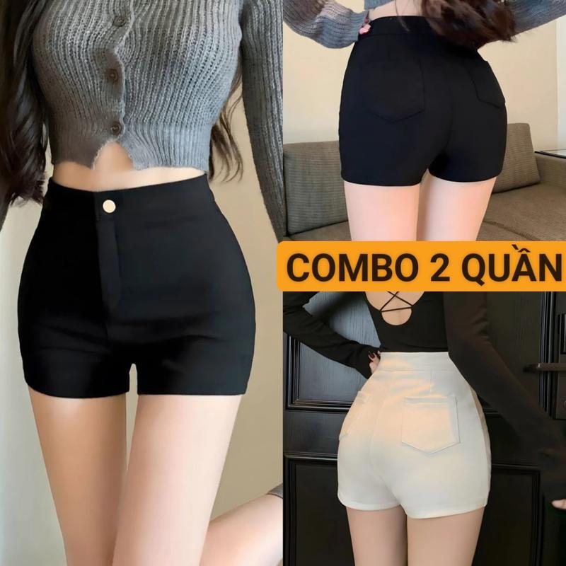 COMBO 2 Quần Short ĐEN TRẮNG Cạp Cao Co Dãn 2 Túi Sau 1 Cúc Cài Dáng Ôm Đùi Ngắn Vải Umi Hàn Dày Dặn Tôn Vòng 3 Kiểu Mặc ở Nhà Đi Biển Thể Thao Nữ