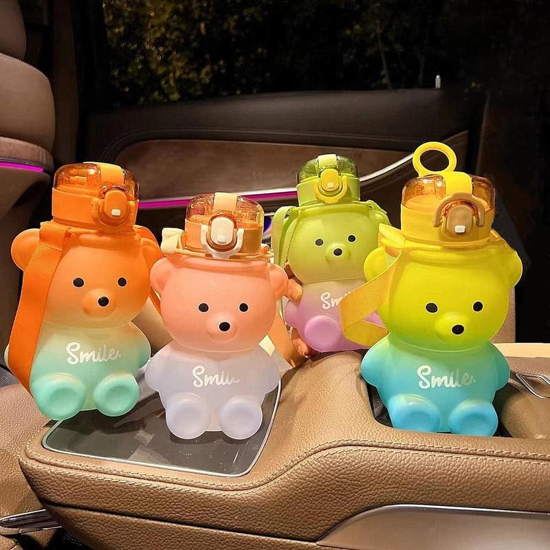 Cartoon Bear Design Water Bottle, Cute Large Capacity Water Drinking Bottle with Straw & Adjustable Strap, Portable Drinking Bottle for Home School Camp Outdoor 9