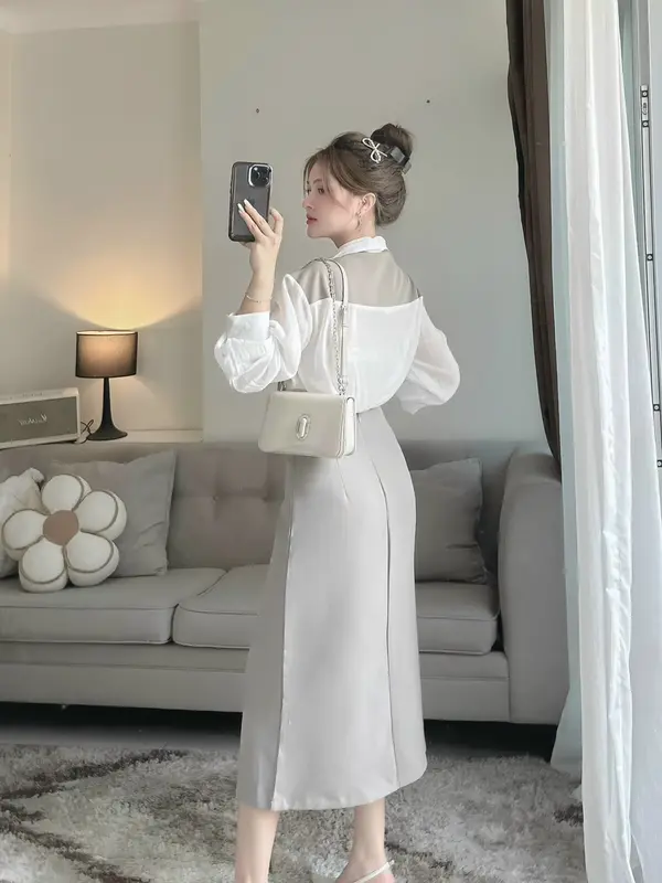 Sét Bộ Áo Sơ Mi Cách Điệu + Chân Váy Tuyết Mưa 1