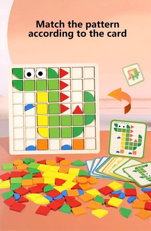 Product Introduction of 3d Montessori Geometry Jigsaw Tangram Mosaic Puzzle Sensory Game Early Education Shape Color Wooden Board Toy Gift For Kids 4