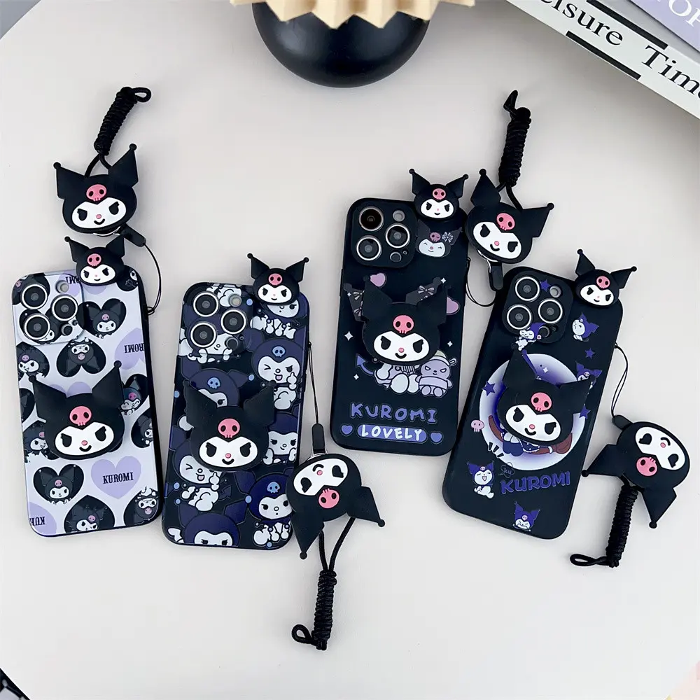 3D Cartoon Kuromi Toy With Lanyard Phone Holder Case For Samsung Galaxy S24 S23 S22 S21 S20 FE S10 S8 S9 Plus Ultra Casing Soft Silicone Strap Rope Cover
