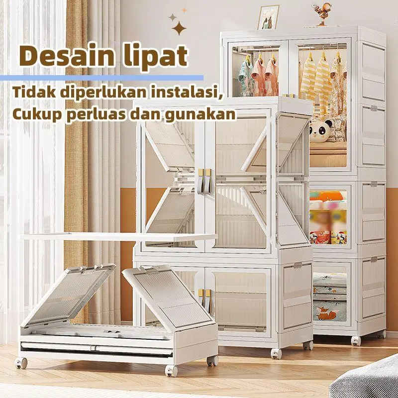 Lemari Pakaian Multifungsi Lemari penyimpanan kebutuhan sehari-hari Lemari makanan ringan Lemari Rumah Lemari Mainan Dapat dilipat  Tanpa Instalasi Roda 360  Pintu Plastik Furniture rak kaca 4