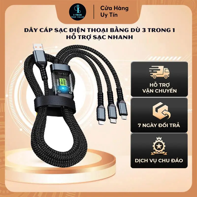Dây cáp sạc điện thoại  3 đầu 100W, 3 in 1 cổng USB Micro Type C- hỗ trợ sạc nhanh, màn hình hiển thị kỹ thuật số, tích hợp đèn led báo Phụ Kiện caps a