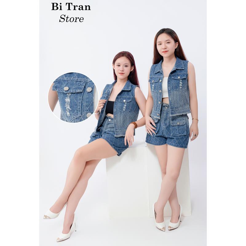 Sét jean gile QCCC áo gile croptop mix quần cạp cao tua rua túi hộp - GILE XƯỚC TRÁM