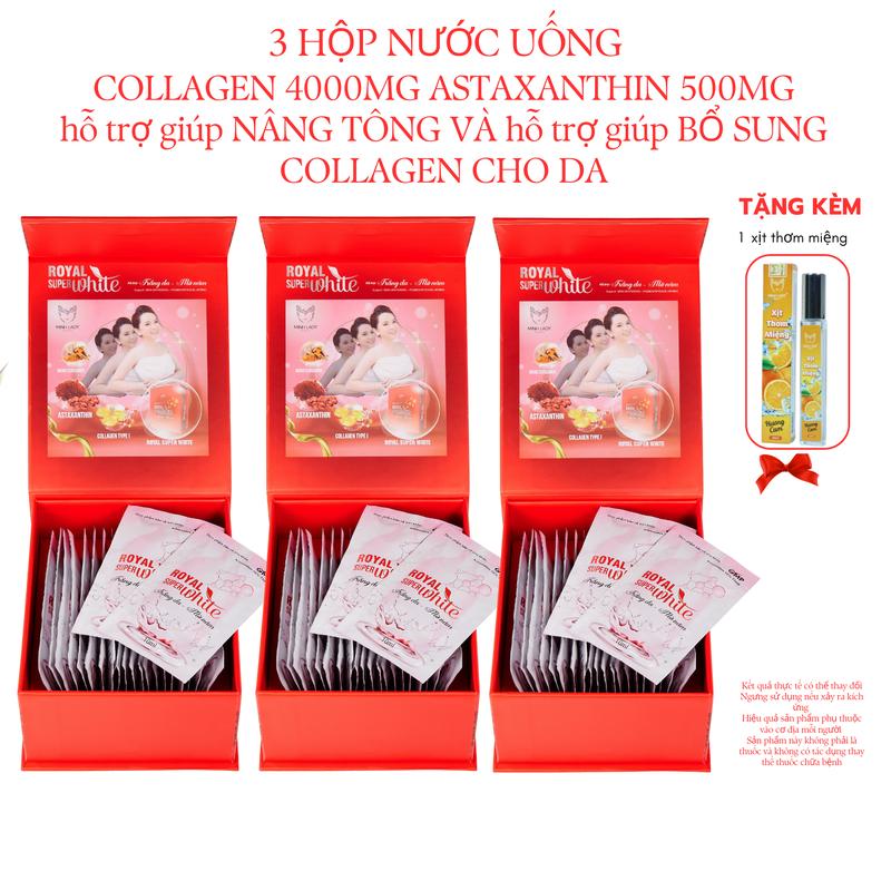 03 HỘP NƯỚC UỐNG hỗ trợ giúp NÂNG TÔNG DA ROYAL SUPER WHITE (HỘP 20 GÓI X 10ML) CÓ COLLAGEN VÀ ASTAXANTHIN