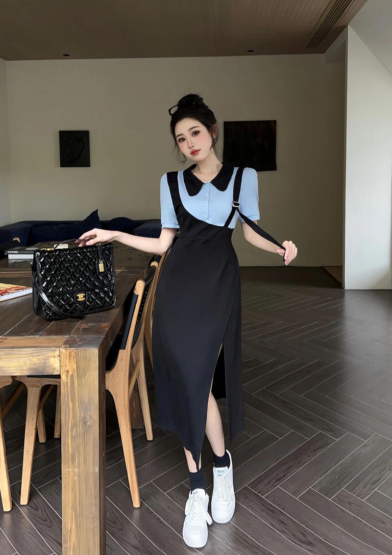 Product Introduction of 2024 Summer New Fashion Simple plus Size Women's Clothing Slim Fake Two Pieces Dress Short Sleeve Mid-Length Black Dress Casual Womenswear 8