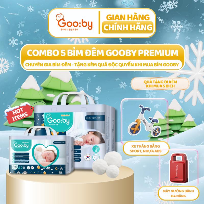 [GOOBY] [Combo 5] Tã/bỉm Ban Đêm Gooby Premium - Chuyên gia bỉm đêm, chống trào đến 12h size M/L/XL/XXL cho bé từ 6kg - 24kg + Quà tặng