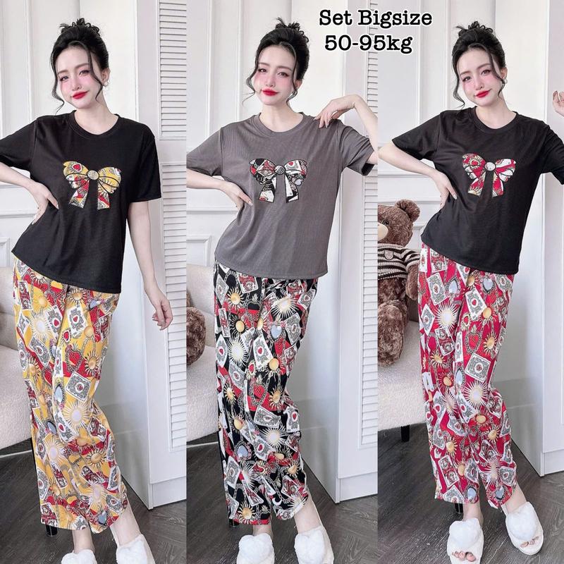 [Ưu Đãi Độc Quyền TTS] - Set Bộ Dài Bigsize Nữ Áo Thun Cổ Tròn Thêu Nơ Trước Ngực Phối Quần Mango Mịn Mát Dễ Thương Cao Cấp Xinh Đẹp Sang Trọng  50-95kg Áo Top Cotton Màu Nâu Sen Màu Đen Set Đồ Nữ đẹp Set Áo  Bộ Suit Nữ Sang Chảnh Bigsize Wome - 2093