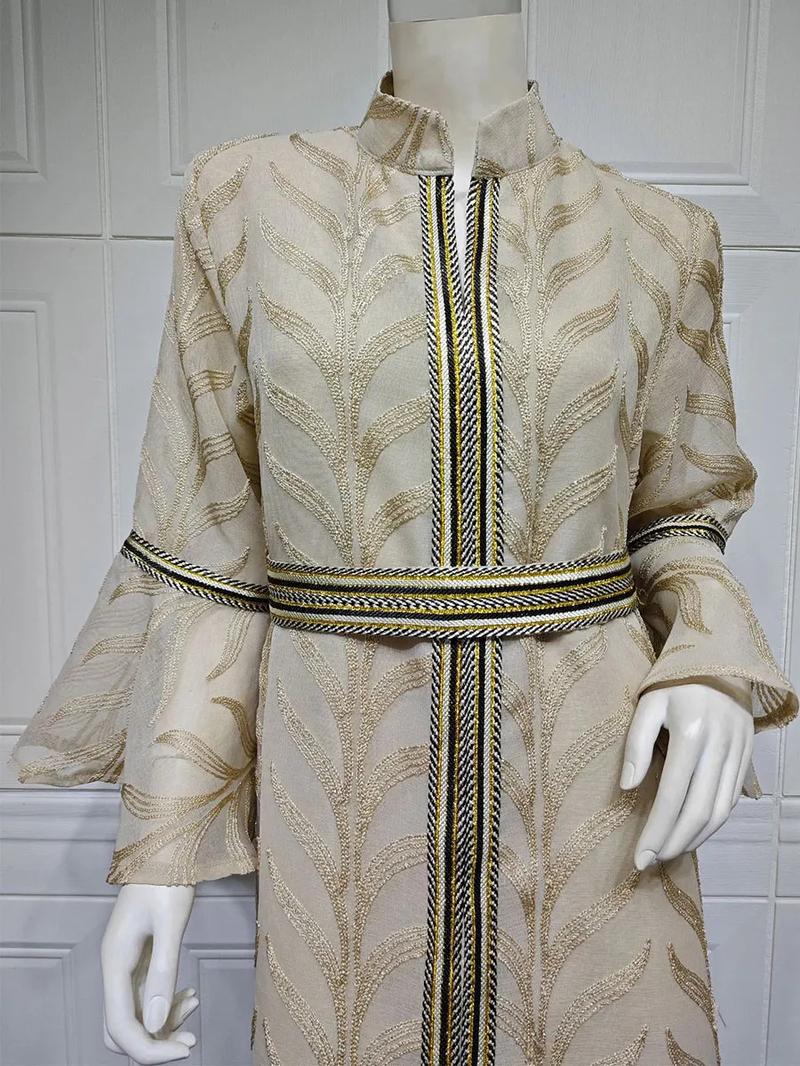 Product Introduction of Dubai Embroidery Abaya With Belt For Muslim Woman Notched Stand Collar Flare Sleeve Elegant Loose Moroccan Saudi Kaftan 19