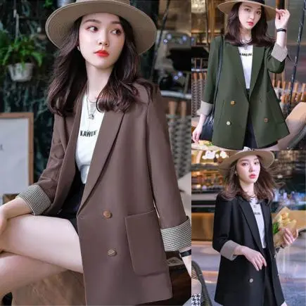 Áo khoác vest blazer túi hông tay nẹp caro cao câp kiểu dáng Hàn Quốc Trơn Thông thường Trơn Trơn Kẻ sọc Mùa đông Thông thường Women Jacket Nữ Đen