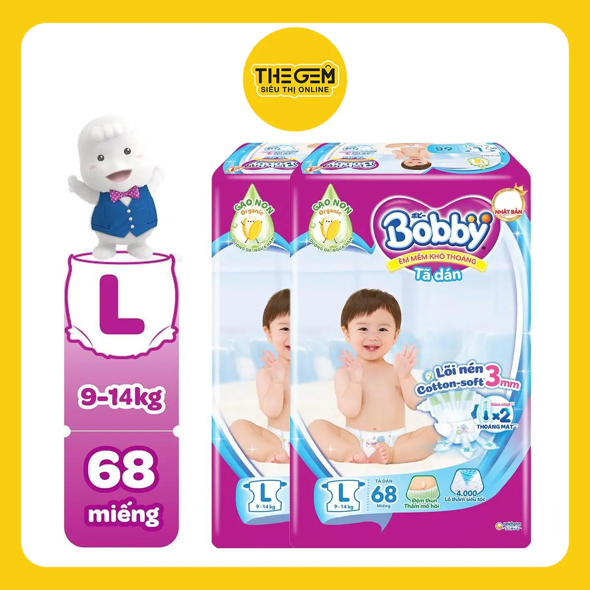 [COMBO 2] Bobby Tã dán lõi nén cotton-soft 3mm L68 cho bé