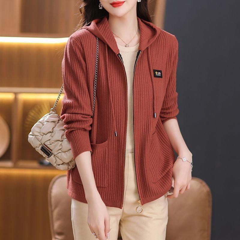 Áo Cardigan Dệt Kim Có Mũ Trùm Đầu, Dáng Rộng Vừa Vặn, Ngoại Cỡ, Dành Cho Phụ Nữ Trung Niên, Bộ Đồ Mùa Xuân Và Mùa Thu, Áo Khoác Len Có Mũ Trùm Đầu Có Khóa Kéo, Áo Len Hàng Đầu, Hàng Mới Về Women Top