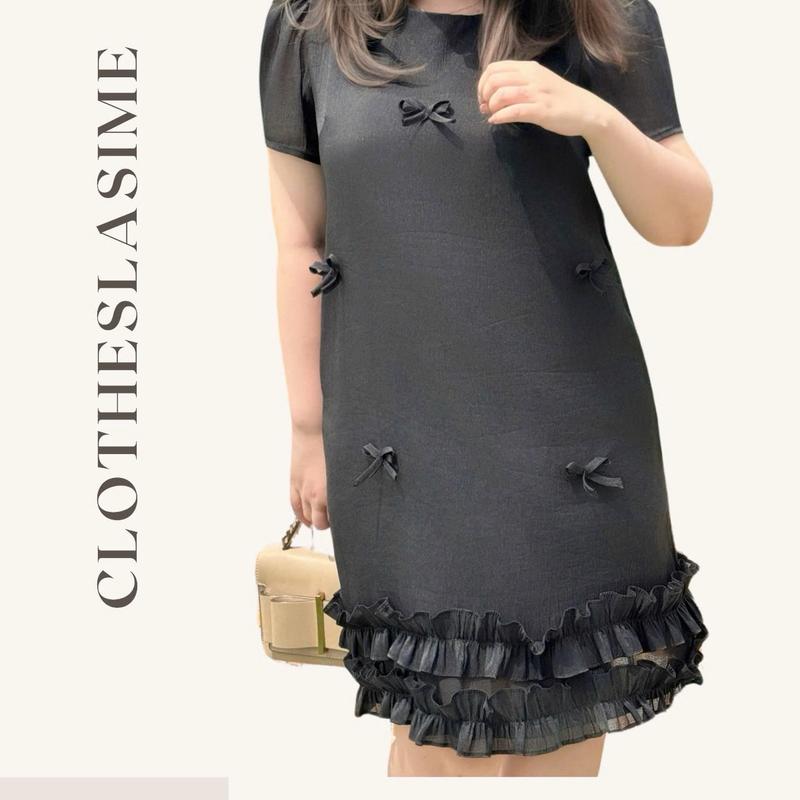 Đầm suông nhún bèo 2 tầng, váy đầm suông tay bồng 2 lớp chất liệu tơ cao cấp Lasime Clothes Nữ Women 0