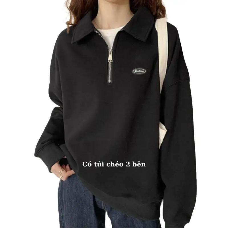 Áo sweater polo kéo khóa dài tay logo kiểu dáng unisex nam nữ form rộng chất dày đẹp Hàn Quốc KLGCB Menswear Hoodie Tay Dài Đen Có Cổ Kem