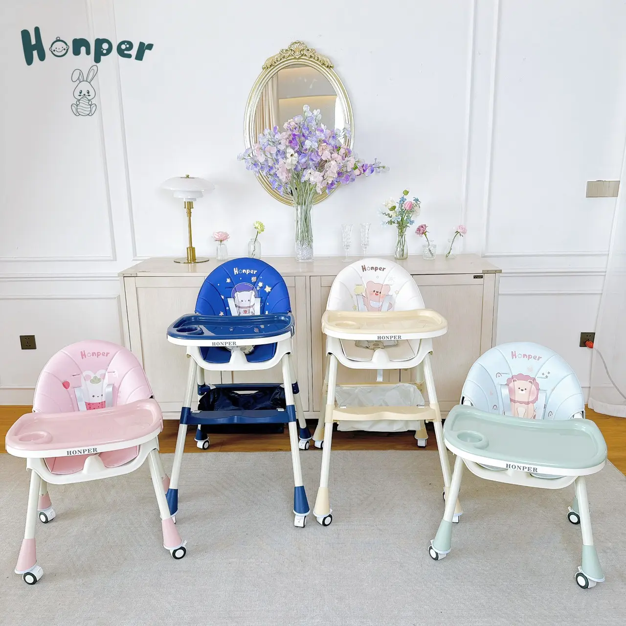 Ghế Ăn Dặm HONPER in hình Mới mẫu to ngả lưng, gập gọn cho bé có bánh xe - HP211