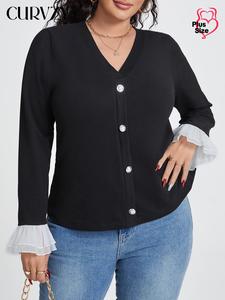 CURVZY Plus Size Button Decor V Neck Tee, Casual Long Sleeve Top for Spring & Fall, Women's Clothing for Daily Wear