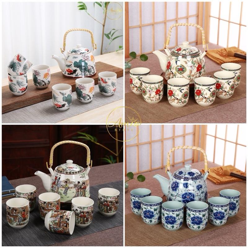 Bộ Ấm Chén Uống Trà Phòng Khách Sang Trọng, Bộ Ấm Chén Pha Trà Chè Cao Cấp Sứ Trắng Xanh Hoa Mẫu Đơn