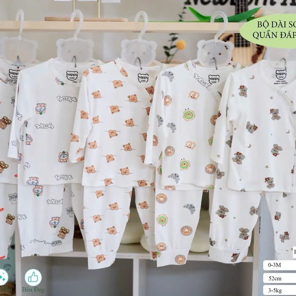 Bộ quần áo dài tay Happy Kids cúc lệch đáp mông thun lạnh SG loại 1 cho bé sơ sinh 0-9 tháng