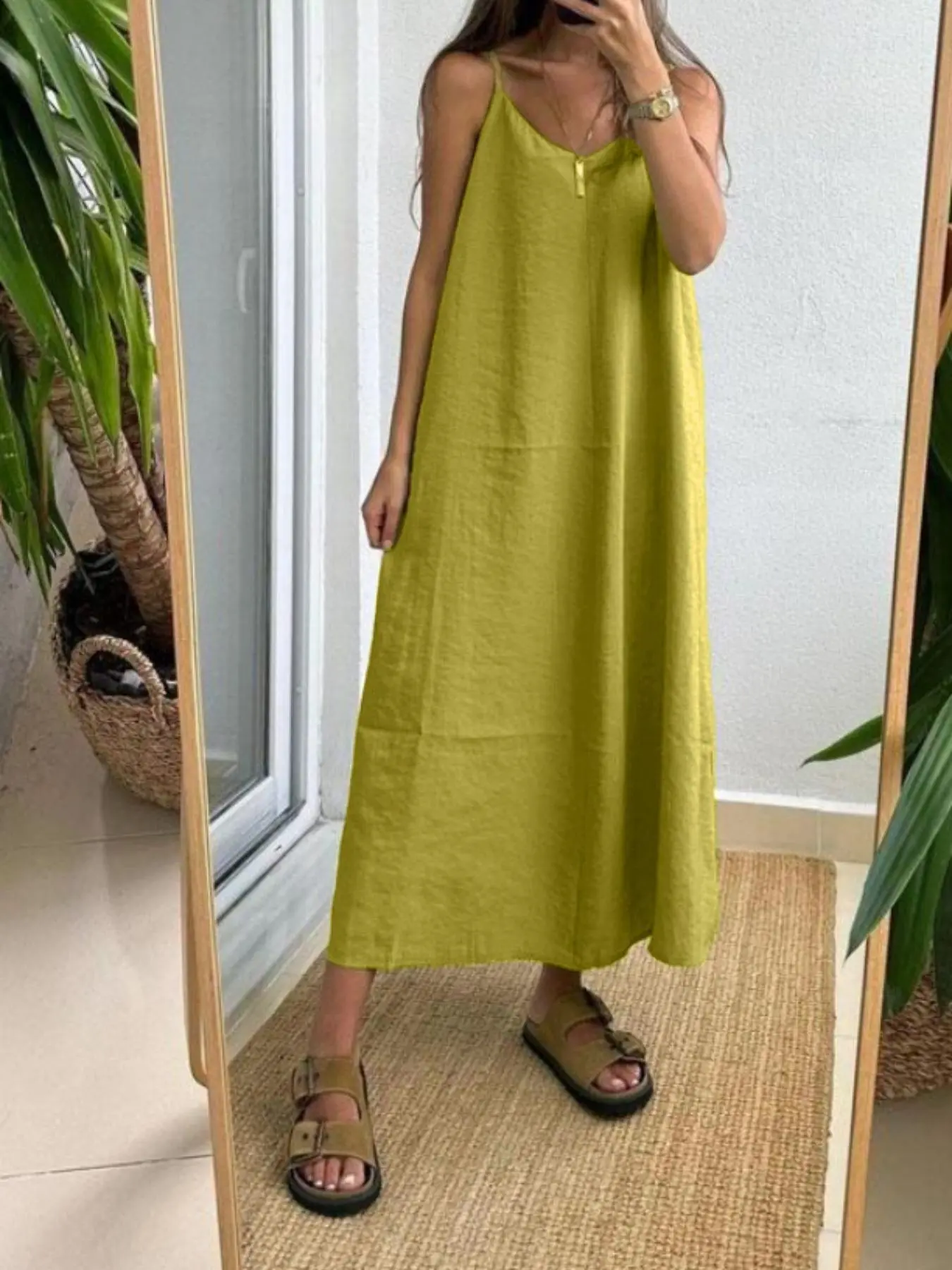 Women's Solid Color Cami Dress, Casual Sleeveless Spaghetti Strap Long Dress for Summer, Ladies Clothes for Daily Wear
