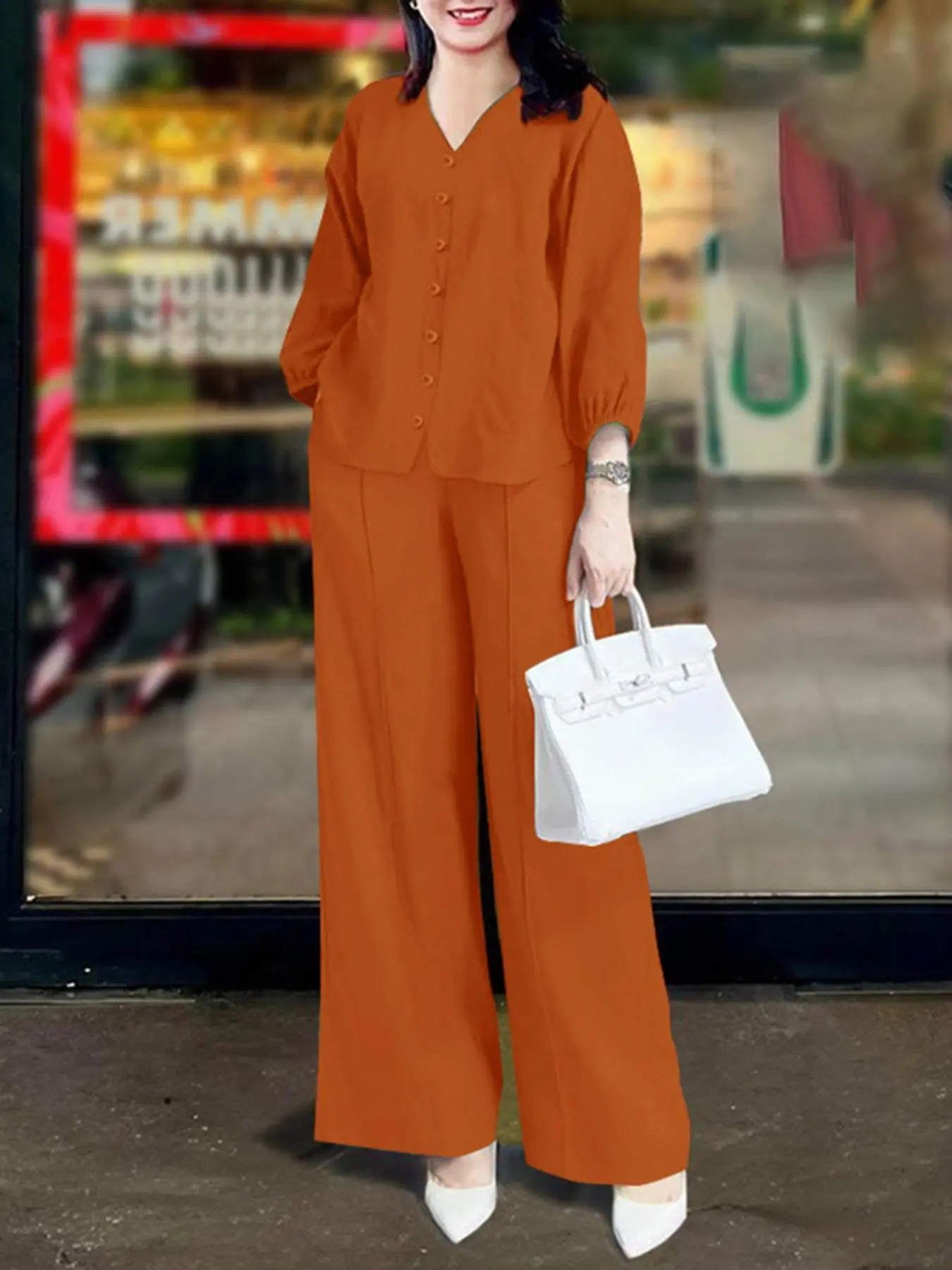 Women's Solid Color Top & Wide Leg Pants Two-piece Set, Casual 3/4 Sleeve V Neck Top & Elastic Waist Trousers for Daily Wear, Ladies Two-piece Outfits for All Seasons