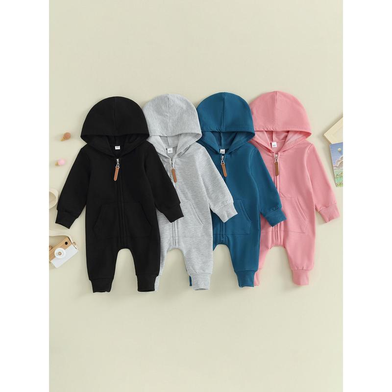 Áo liền quần cho bé, Áo liền quần dài tay có mũ trùm đầu Zip-up Solid Fall Romper Quần áo cho bé trai bé gái Jumpsuit 0