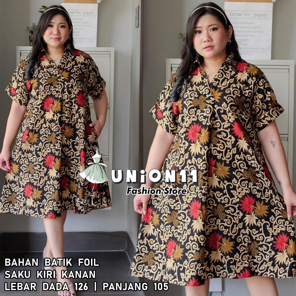 Union11 - Dress Wanita Jumbo Big Size Ld 126 /  Muat Bb 100 Kg / Wolfis Motif Batik Asoka